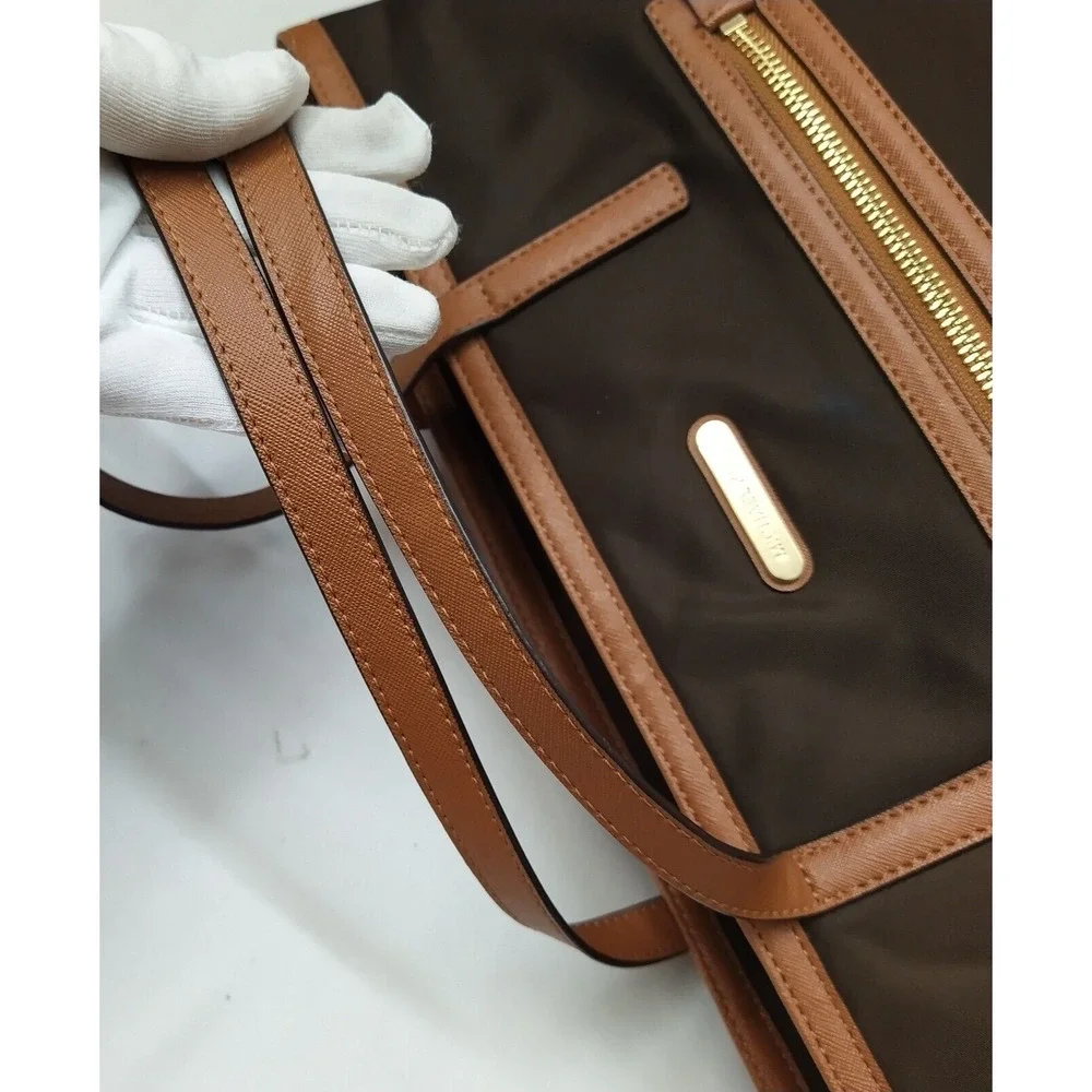 Michael Kors Brown Nylon Leather Trim Double Handles Tote Shoulder Bag